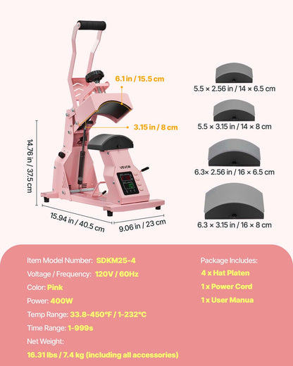 Hat Heat Press Machine, with 4pcs Interchangeable Platens, Precise Temperature and Time Control, Hat Press for HTV Iron On and Sublimation Projects, for Caps, Headbands, Cuffs, Face Masks, Pink