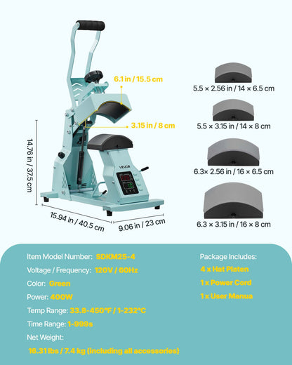 Hat Heat Press Machine, with 4pcs Interchangeable Platens, Precise Temperature and Time Control, Hat Press for HTV Iron On and Sublimation Projects, for Caps, Headbands, Cuffs, Face Masks, Green