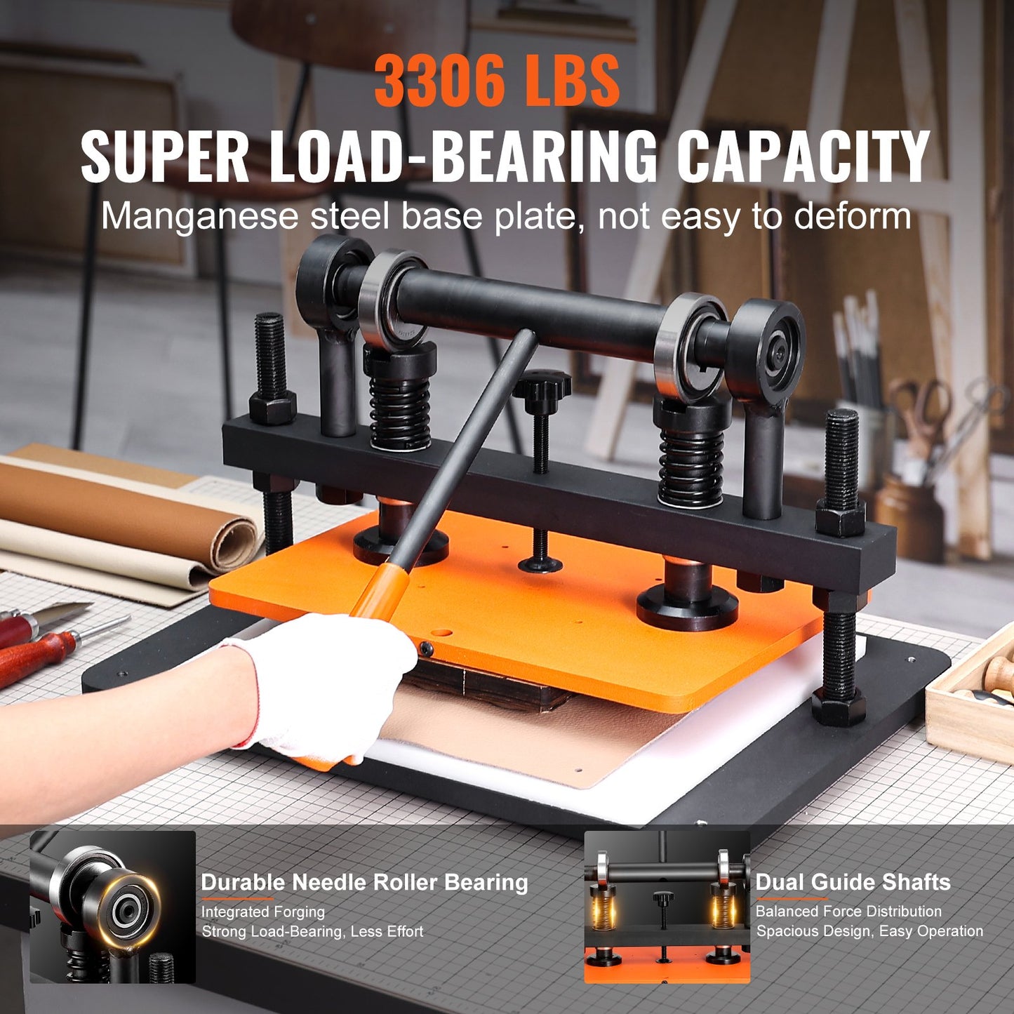 Läderskärmaskin, 36 x 25,9 cm präglingsplatta, manuell stans, 1,2 cm tryckslag, läderpräglingsmaskin med dubbla styraxlar för olika material