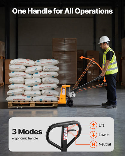 Palltruck, 2,5 ton lastkapacitet, manuell palltruck med gafflar på 122 l x 68,6 b cm för materialhantering, lyfthöjd 85–180 mm, lämplig för lager, stormarknad, tillverkning