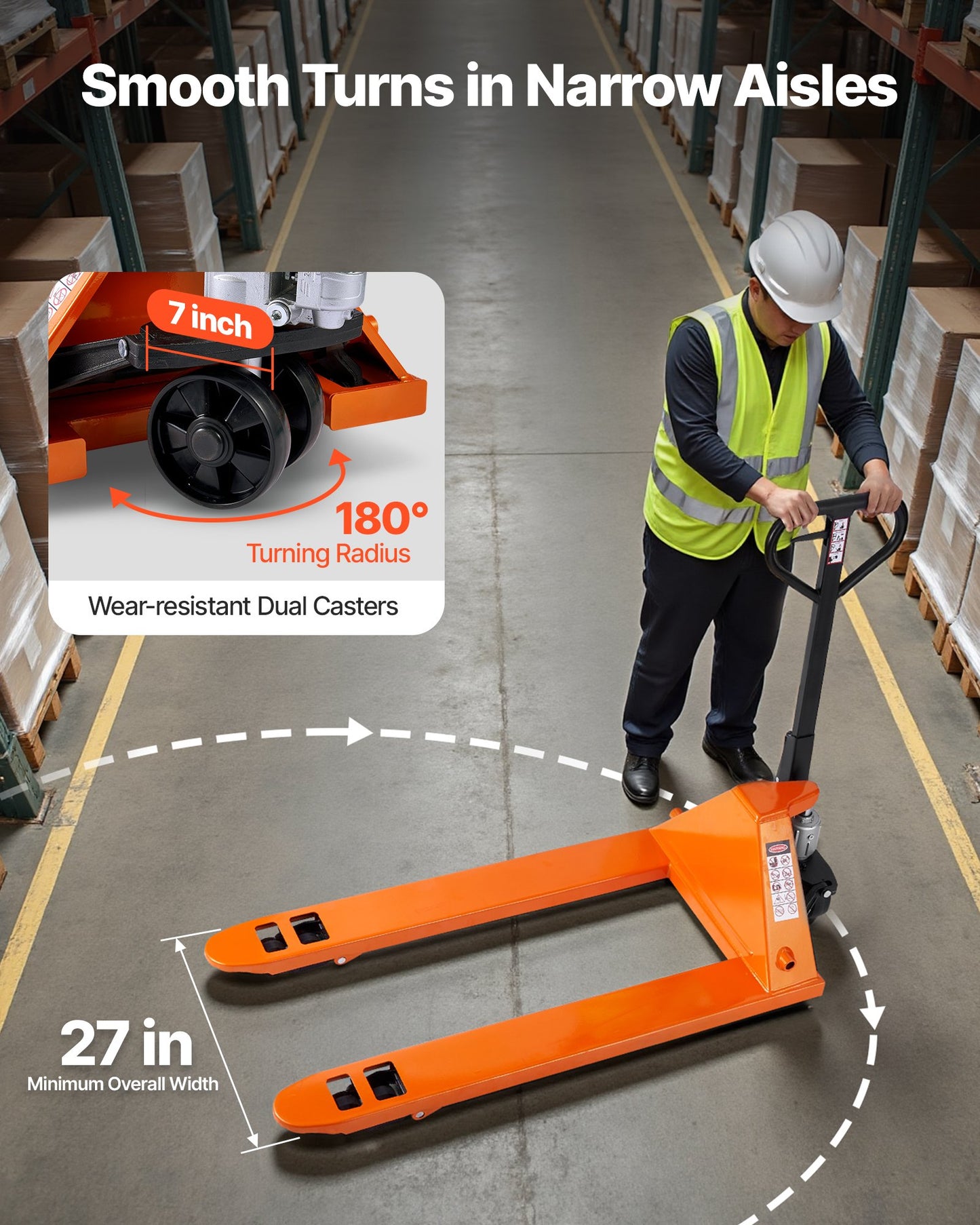 Palllyft, 3T lastkapacitet, manuell palllyft med gafflar 122L x 68,6W cm för materialhantering, gaffellyfthöjd 85–180 mm, lämplig för lager, stormarknad, tillverkning