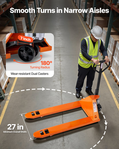 Palllyft, 3T lastkapacitet, manuell palllyft med gafflar 122L x 68,6W cm för materialhantering, gaffellyfthöjd 85–180 mm, lämplig för lager, stormarknad, tillverkning