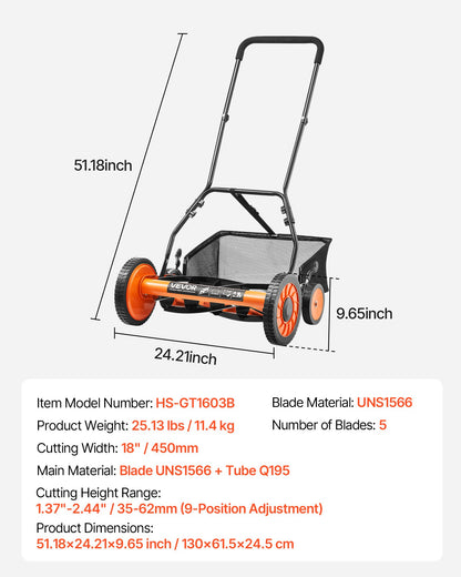 Gräsklippare med hjul 45 cm, 5 knivar, manuell gräsklippare utan motor, 35-62 mm justerbar klipphöjd, gräsklippare med gräsuppsamlare för gröna gräsmattor, uppfarter, gårdar