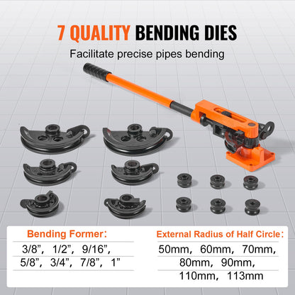 Rörbockare, 9,5 mm till 25,4 mm ytterdiameter manuell rörbockare med 7 böjningsverktyg, 180° koppar- och aluminiumrörbockningsverktyg för HVAC, luftkonditionering, kylskåp, bilreparation