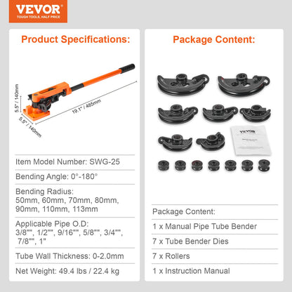 Rörbockare, 9,5 mm till 25,4 mm ytterdiameter manuell rörbockare med 7 böjningsverktyg, 180° koppar- och aluminiumrörbockningsverktyg för HVAC, luftkonditionering, kylskåp, bilreparation