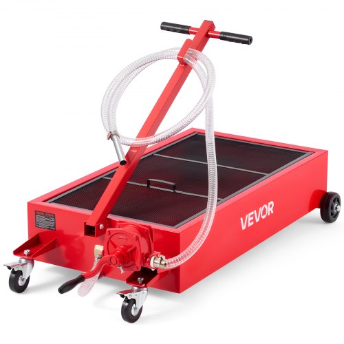 Lågprofils oljetråg, 75,7 liters kapacitet, rullande oljetråg med manuell pump, 2,2 m slang och vikbart T-handtag, läckagesäker och korrosionsbeständig, lämplig för bilar, stadsjeepar, lastbilar, fyrhjulingar, röd