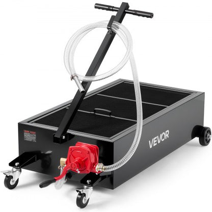 Lågprofils oljetråg, 94,6 liters kapacitet, rullande oljetråg med manuell pump, 2,2 m slang och vikbart T-handtag, läckagesäker och korrosionsbeständig, lämplig för bilar, stadsjeepar, lastbilar, fyrhjulingar, svart