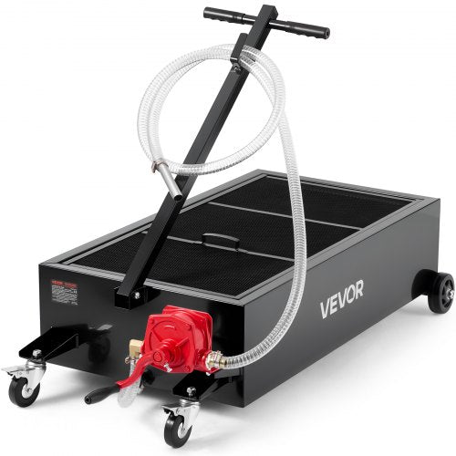 Lågprofils oljetråg, 94,6 liters kapacitet, rullande oljetråg med manuell pump, 2,2 m slang och vikbart T-handtag, läckagesäker och korrosionsbeständig, lämplig för bilar, stadsjeepar, lastbilar, fyrhjulingar, svart