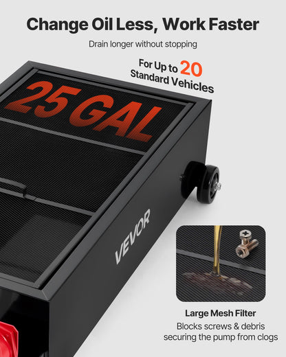 Lågprofils oljetråg, 94,6 liters kapacitet, rullande oljetråg med manuell pump, 2,2 m slang och vikbart T-handtag, läckagesäker och korrosionsbeständig, lämplig för bilar, stadsjeepar, lastbilar, fyrhjulingar, svart