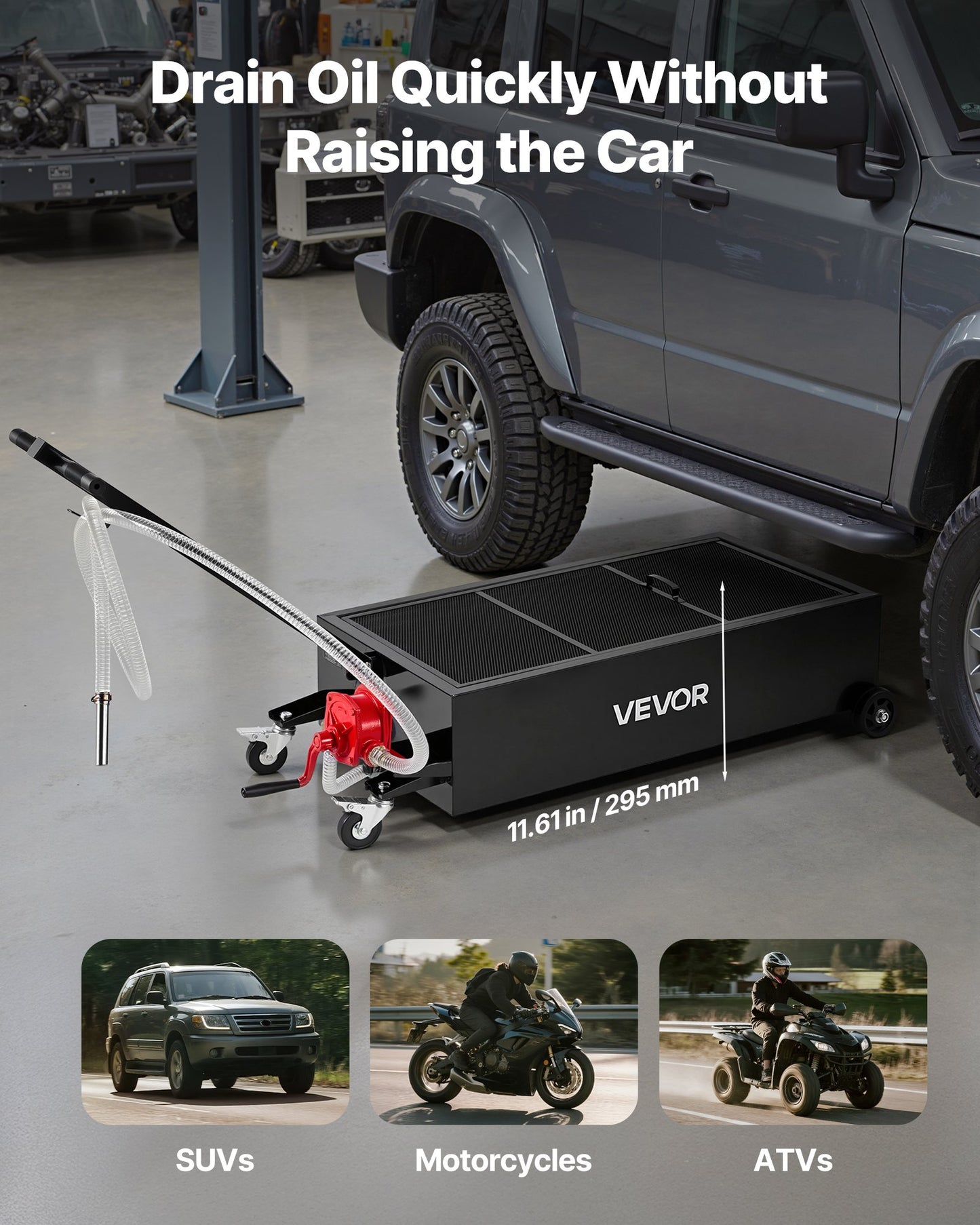 Lågprofils oljetråg, 94,6 liters kapacitet, rullande oljetråg med manuell pump, 2,2 m slang och vikbart T-handtag, läckagesäker och korrosionsbeständig, lämplig för bilar, stadsjeepar, lastbilar, fyrhjulingar, svart