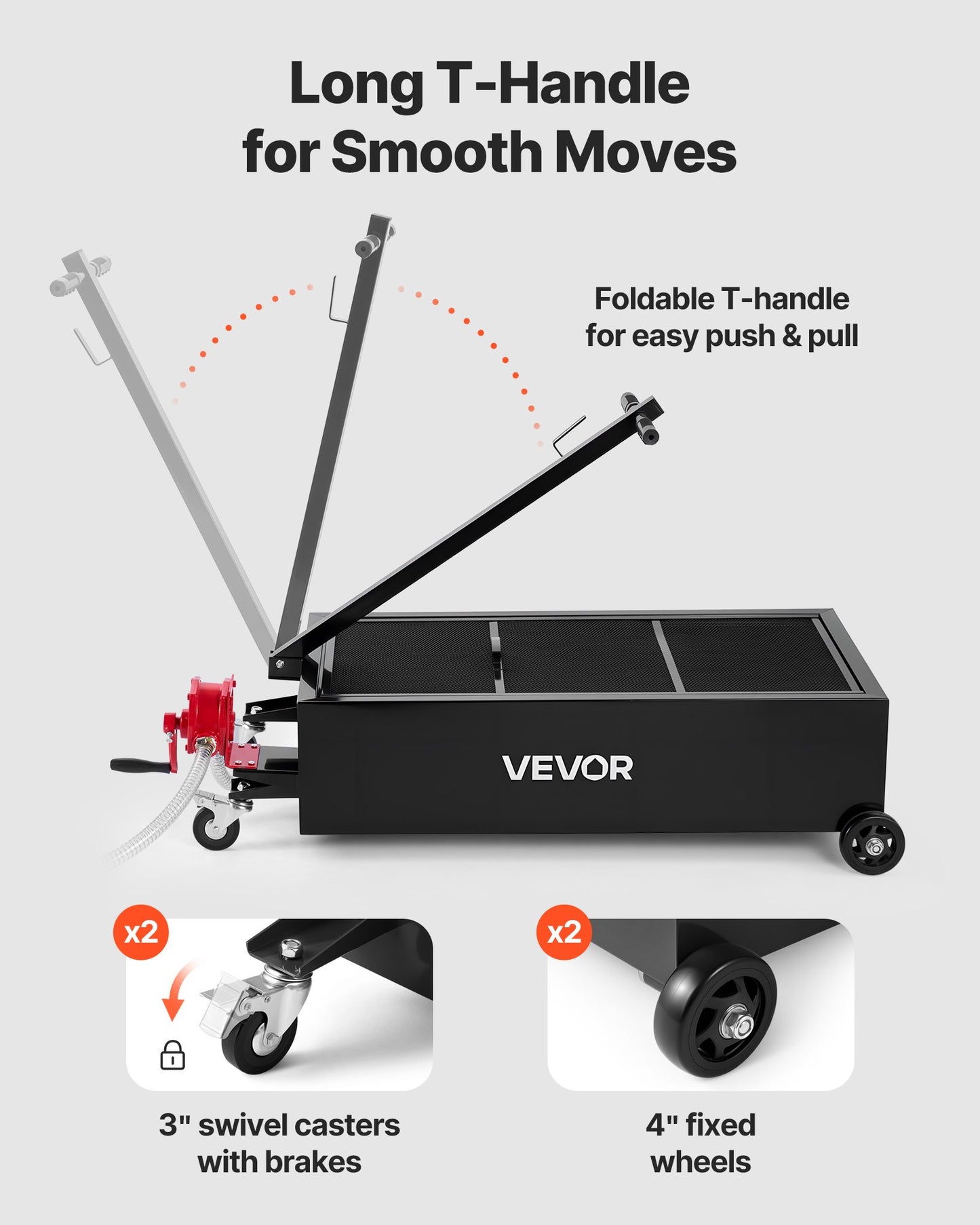 Lågprofils oljetråg, 94,6 liters kapacitet, rullande oljetråg med manuell pump, 2,2 m slang och vikbart T-handtag, läckagesäker och korrosionsbeständig, lämplig för bilar, stadsjeepar, lastbilar, fyrhjulingar, svart