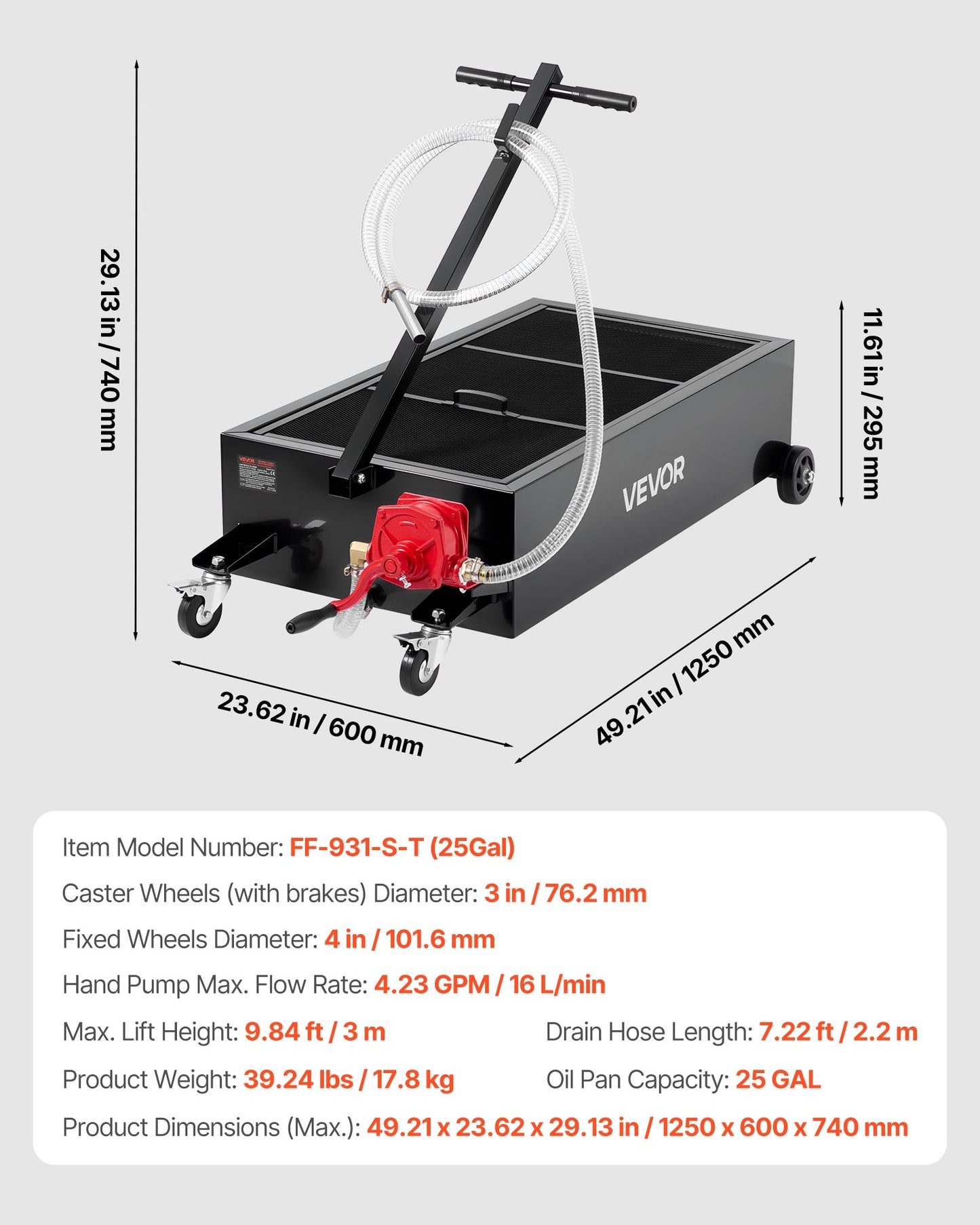 Lågprofils oljetråg, 94,6 liters kapacitet, rullande oljetråg med manuell pump, 2,2 m slang och vikbart T-handtag, läckagesäker och korrosionsbeständig, lämplig för bilar, stadsjeepar, lastbilar, fyrhjulingar, svart