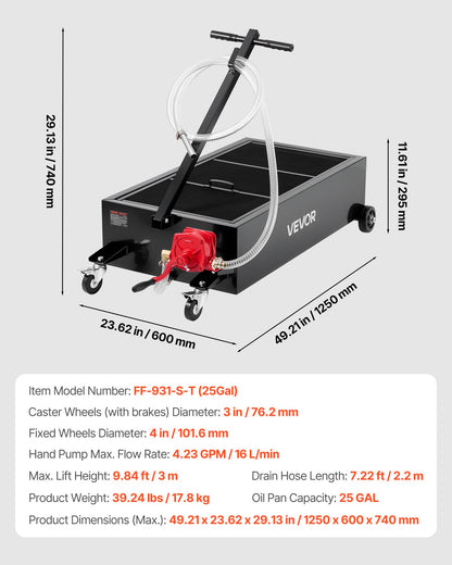 Lågprofils oljetråg, 94,6 liters kapacitet, rullande oljetråg med manuell pump, 2,2 m slang och vikbart T-handtag, läckagesäker och korrosionsbeständig, lämplig för bilar, stadsjeepar, lastbilar, fyrhjulingar, svart