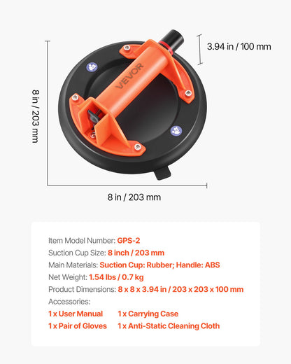 Vacuum Suction Cup, 203 mm Vacuum Glass Lifter with ABS Handle, 180 kg Max Lifting Capacity Tile Suction Cup Tool with Carrying Case for Lifting Large Tile, Granite, Drywall, Windows (1-Pack)