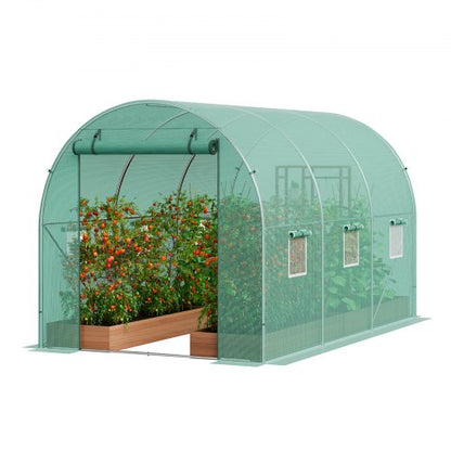 Walk-in Tunnel Greenhouse, 9.6x6.4x6.2 ft Hoop House Greenhouse Tunnel, Plant Hot House with Galvanized Steel Frame, Green PE Cover, Roll-up Zipper Door and 6 Windows for Outdoor