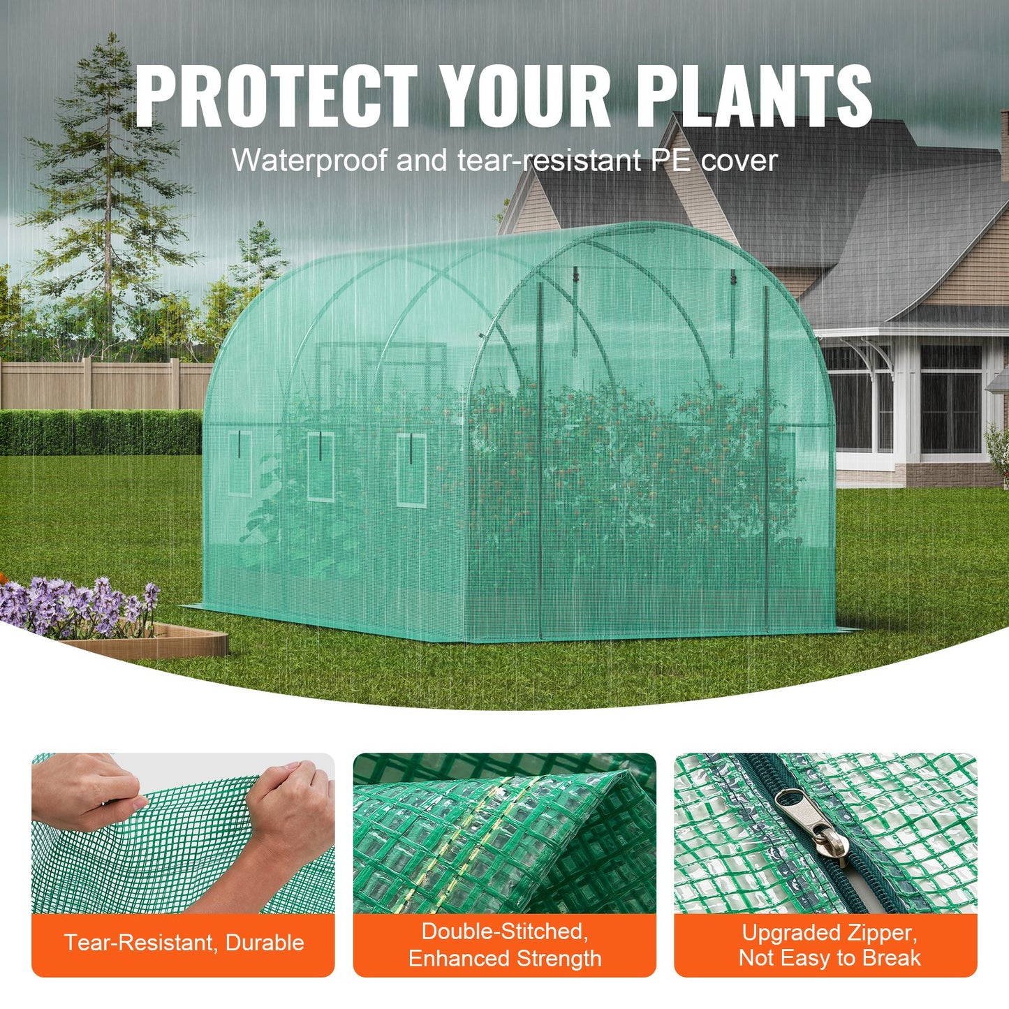 Walk-in Tunnel Greenhouse, 9.6x6.4x6.2 ft Hoop House Greenhouse Tunnel, Plant Hot House with Galvanized Steel Frame, Green PE Cover, Roll-up Zipper Door and 6 Windows for Outdoor