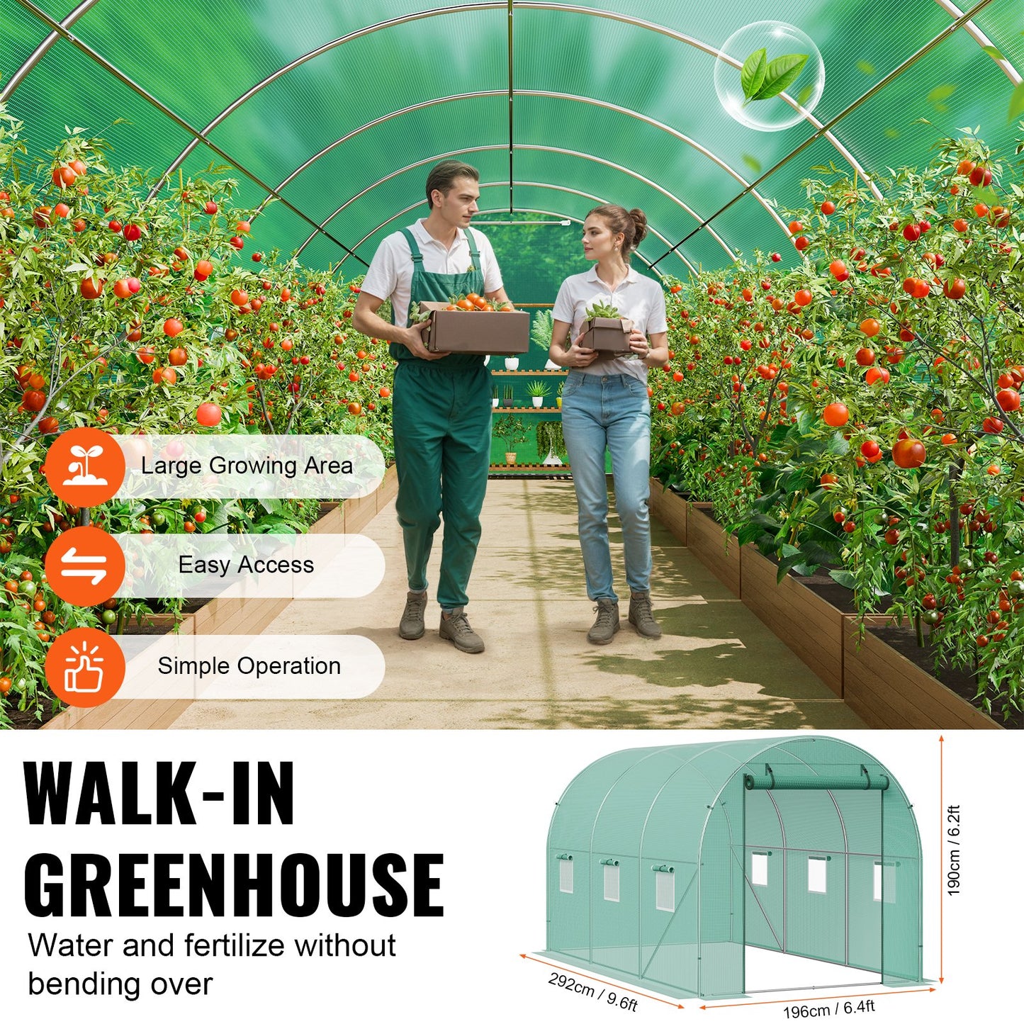 Walk-in Tunnel Greenhouse, 9.6x6.4x6.2 ft Hoop House Greenhouse Tunnel, Plant Hot House with Galvanized Steel Frame, Green PE Cover, Roll-up Zipper Door and 6 Windows for Outdoor