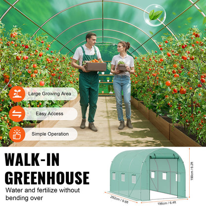 Walk-in Tunnel Greenhouse, 9.6x6.4x6.2 ft Hoop House Greenhouse Tunnel, Plant Hot House with Galvanized Steel Frame, Green PE Cover, Roll-up Zipper Door and 6 Windows for Outdoor