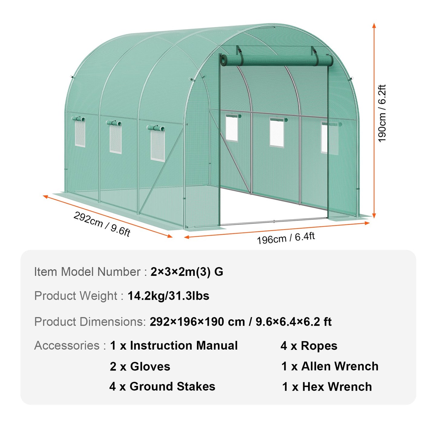 Walk-in Tunnel Greenhouse, 9.6x6.4x6.2 ft Hoop House Greenhouse Tunnel, Plant Hot House with Galvanized Steel Frame, Green PE Cover, Roll-up Zipper Door and 6 Windows for Outdoor