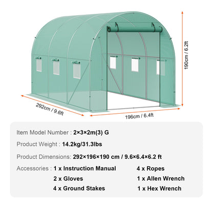 Walk-in Tunnel Greenhouse, 9.6x6.4x6.2 ft Hoop House Greenhouse Tunnel, Plant Hot House with Galvanized Steel Frame, Green PE Cover, Roll-up Zipper Door and 6 Windows for Outdoor
