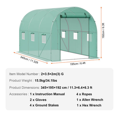 Walk-in Tunnel Greenhouse, 11.3x6.4x6.3 ft Hoop House Greenhouse Tunnel, Plant Hot House with Galvanized Steel Frame, Green PE Cover, Roll-up Zipper Door and 6 Windows for Outdoor