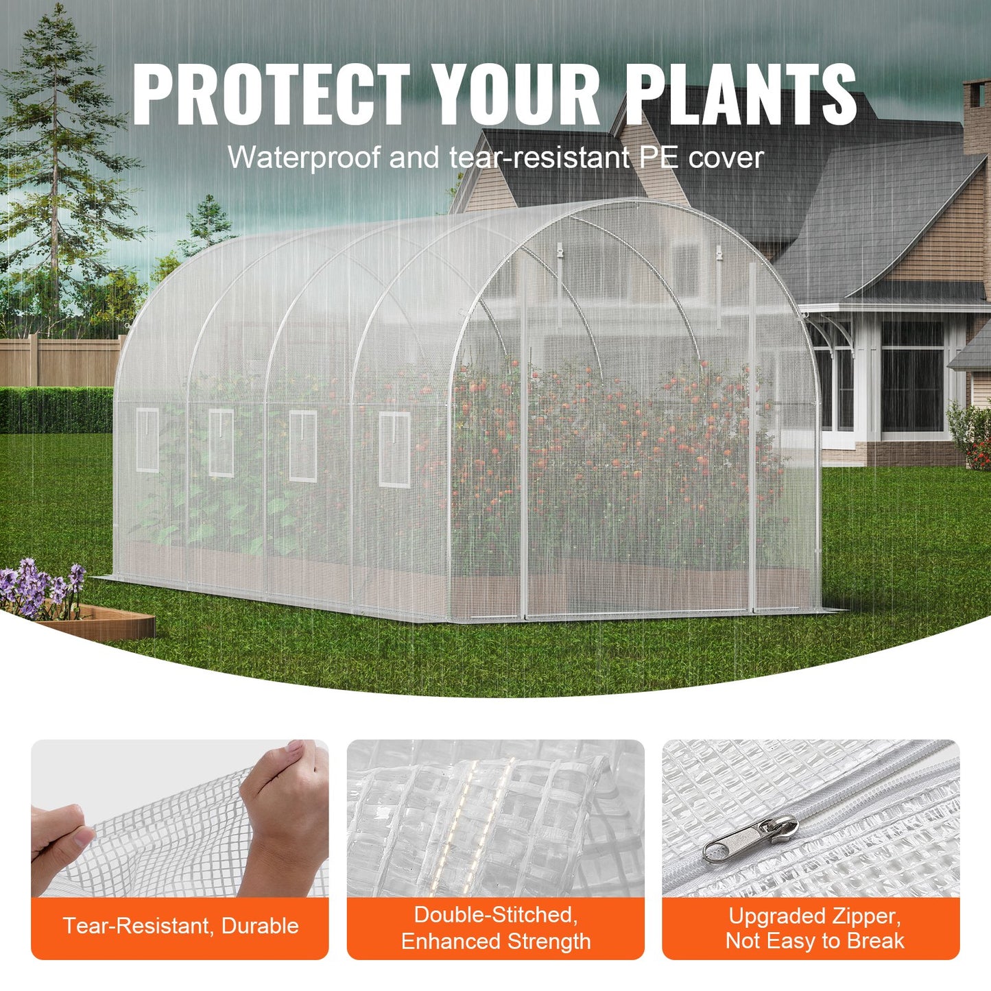 Walk-in Tunnel Greenhouse, 14.6x6.4x6.3 ft Hoop House Greenhouse Tunnel, Plant Hot House with Galvanized Steel Frame, White PE Cover, Roll-up Zipper Door and 8 Windows for Outdoor