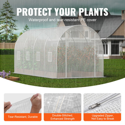 Walk-in Tunnel Greenhouse, 14.6x6.4x6.3 ft Hoop House Greenhouse Tunnel, Plant Hot House with Galvanized Steel Frame, White PE Cover, Roll-up Zipper Door and 8 Windows for Outdoor