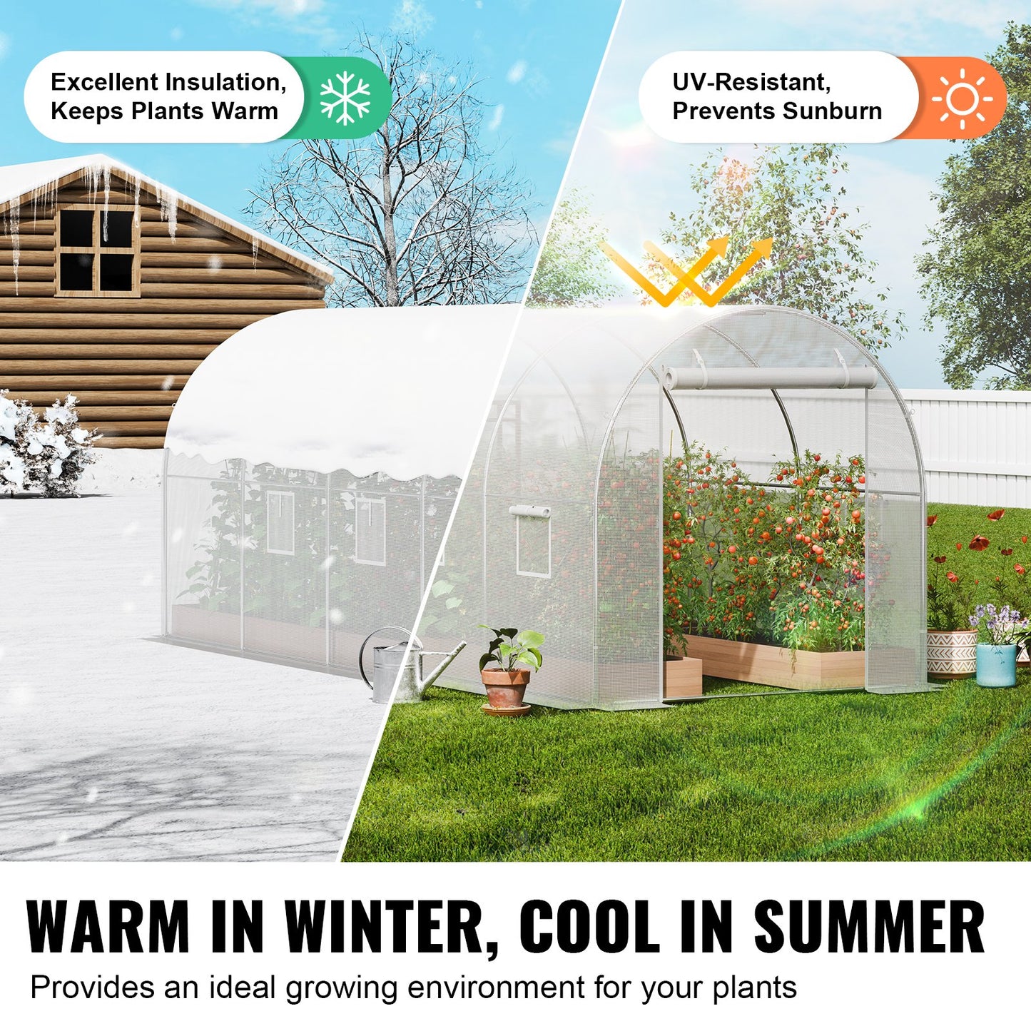 Walk-in Tunnel Greenhouse, 14.6x6.4x6.3 ft Hoop House Greenhouse Tunnel, Plant Hot House with Galvanized Steel Frame, White PE Cover, Roll-up Zipper Door and 8 Windows for Outdoor