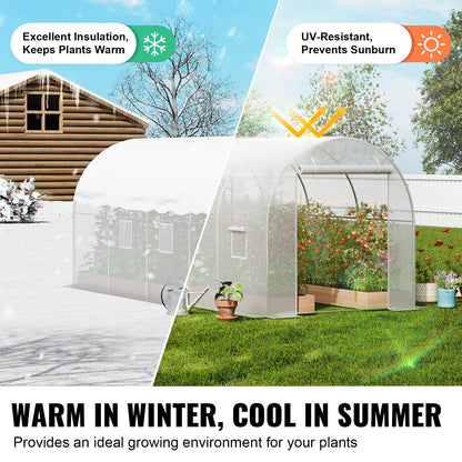 Walk-in Tunnel Greenhouse, 14.6x6.4x6.3 ft Hoop House Greenhouse Tunnel, Plant Hot House with Galvanized Steel Frame, White PE Cover, Roll-up Zipper Door and 8 Windows for Outdoor