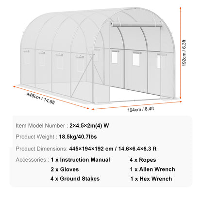 Walk-in Tunnel Greenhouse, 14.6x6.4x6.3 ft Hoop House Greenhouse Tunnel, Plant Hot House with Galvanized Steel Frame, White PE Cover, Roll-up Zipper Door and 8 Windows for Outdoor