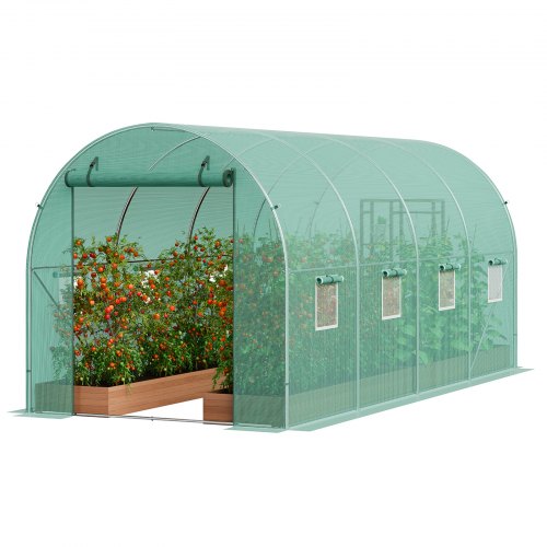 Walk-in Tunnel Greenhouse, 14.6x6.4x6.3 ft Hoop House Greenhouse Tunnel, Plant Hot House with Galvanized Steel Frame, Green PE Cover, Roll-up Zipper Door and 8 Windows for Outdoor