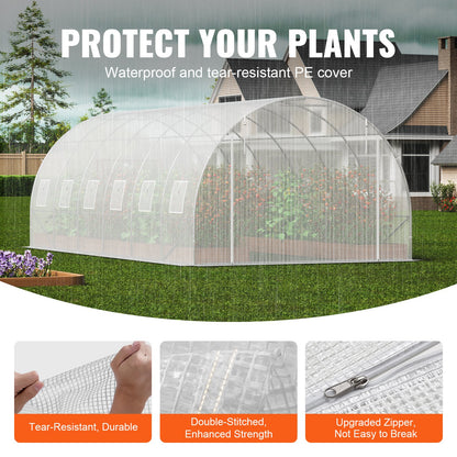 Walk-in Tunnel Greenhouse, 19.4x9.7x6.5 ft Hoop House Greenhouse Tunnel, Plant Hot House with Galvanized Steel Frame, White PE Cover, Roll-up Zipper Door and 12 Windows for Outdoor