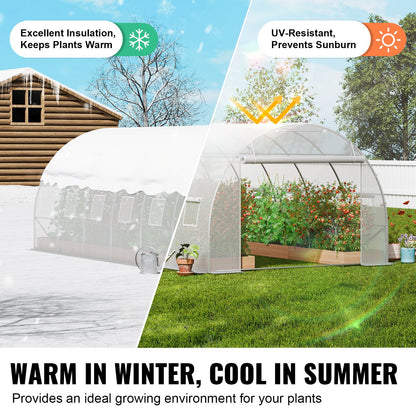 Walk-in Tunnel Greenhouse, 19.4x9.7x6.5 ft Hoop House Greenhouse Tunnel, Plant Hot House with Galvanized Steel Frame, White PE Cover, Roll-up Zipper Door and 12 Windows for Outdoor