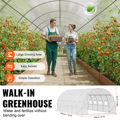 Walk-in Tunnel Greenhouse, 19.4x9.7x6.5 ft Hoop House Greenhouse Tunnel, Plant Hot House with Galvanized Steel Frame, White PE Cover, Roll-up Zipper Door and 12 Windows for Outdoor