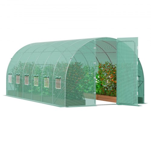 Walk-in Tunnel Greenhouse, 19.4x9.7x7.4 ft Hoop House Greenhouse Tunnel, Plant Hot House with Galvanized Steel Frame, Green PE Cover, Swing Door and 12 Roll-up Windows for Outdoor