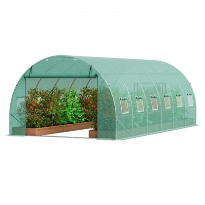 Walk-in Tunnel Greenhouse, 19.4x9.7x6.5 ft Hoop House Greenhouse Tunnel, Plant Hot House with Galvanized Steel Frame, Green PE Cover, Roll-up Zipper Door and 12 Windows for Outdoor