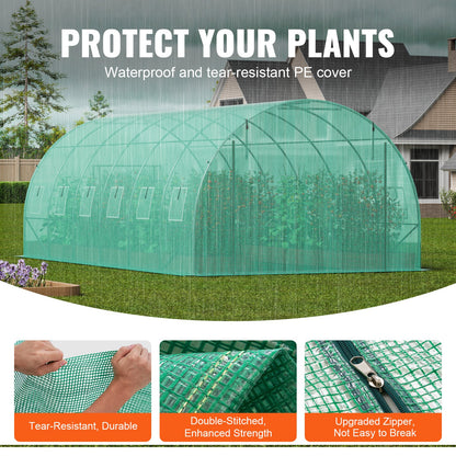 Walk-in Tunnel Greenhouse, 19.4x9.7x6.5 ft Hoop House Greenhouse Tunnel, Plant Hot House with Galvanized Steel Frame, Green PE Cover, Roll-up Zipper Door and 12 Windows for Outdoor