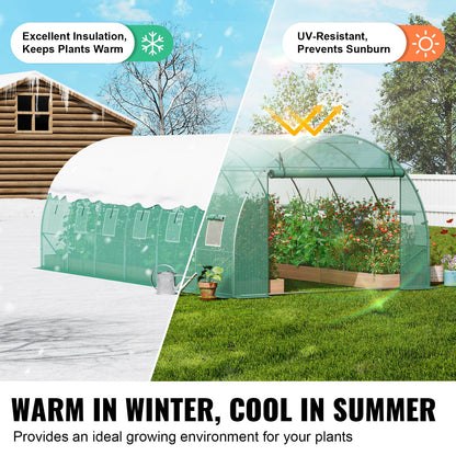 Walk-in Tunnel Greenhouse, 19.4x9.7x6.5 ft Hoop House Greenhouse Tunnel, Plant Hot House with Galvanized Steel Frame, Green PE Cover, Roll-up Zipper Door and 12 Windows for Outdoor