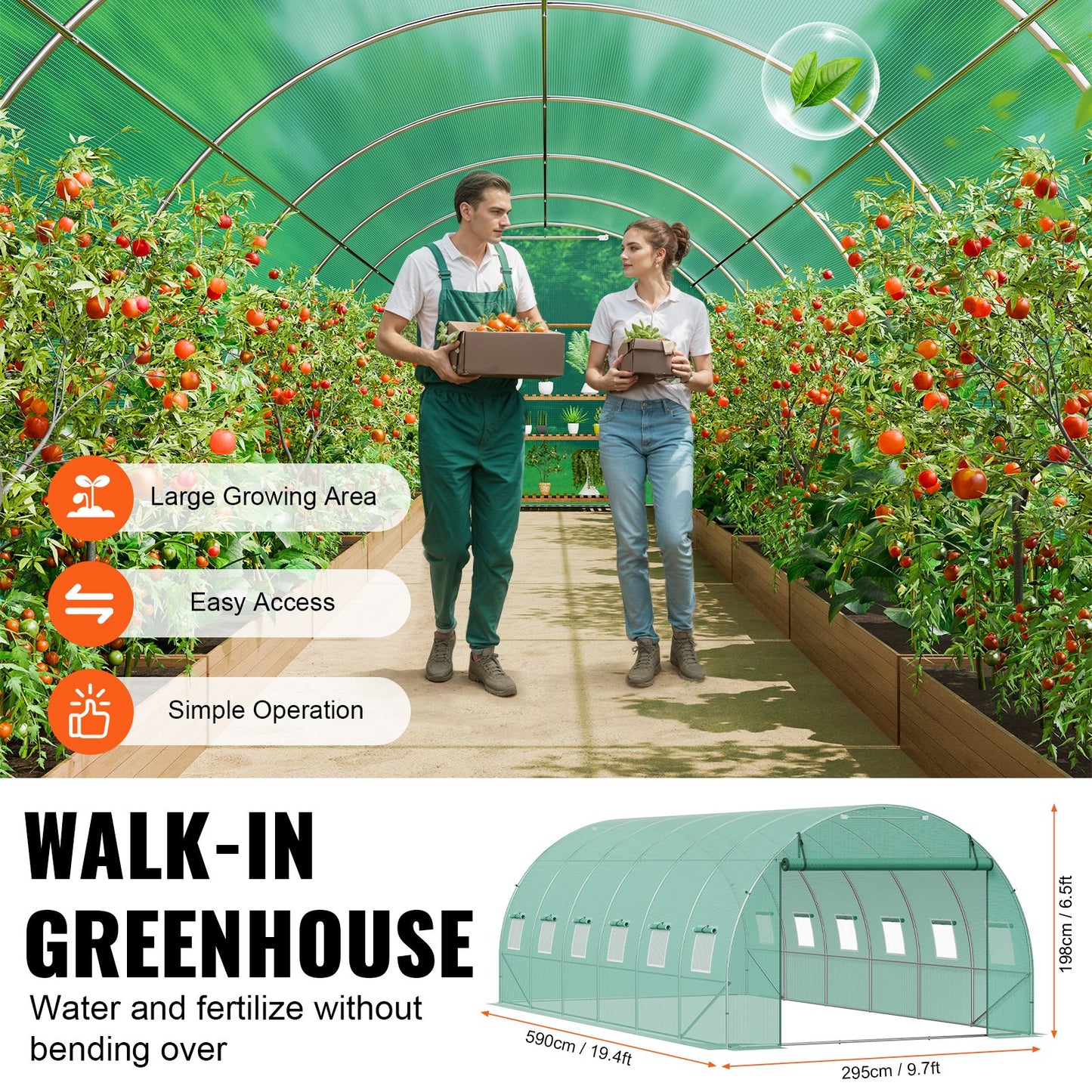 Walk-in Tunnel Greenhouse, 19.4x9.7x6.5 ft Hoop House Greenhouse Tunnel, Plant Hot House with Galvanized Steel Frame, Green PE Cover, Roll-up Zipper Door and 12 Windows for Outdoor