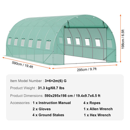 Walk-in Tunnel Greenhouse, 19.4x9.7x6.5 ft Hoop House Greenhouse Tunnel, Plant Hot House with Galvanized Steel Frame, Green PE Cover, Roll-up Zipper Door and 12 Windows for Outdoor