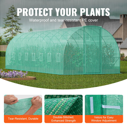 Walk-in Tunnel Greenhouse, 27.4x9.5x7.4 ft Hoop House Greenhouse Tunnel, Plant Hot House with Galvanized Steel Frame, Green PE Cover, Swing Door and 16 Roll-up Windows for Outdoor