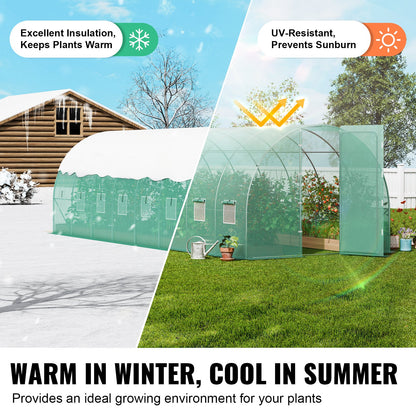 Walk-in Tunnel Greenhouse, 27.4x9.5x7.4 ft Hoop House Greenhouse Tunnel, Plant Hot House with Galvanized Steel Frame, Green PE Cover, Swing Door and 16 Roll-up Windows for Outdoor