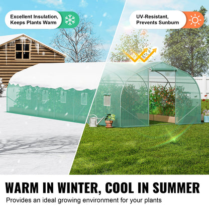Walk-in Tunnel Greenhouse, 29.5x9.8x6.6 ft Hoop House Greenhouse Tunnel, Peaked Roof Plant Hot House with Galvanized Steel Frame, Green PE Cover, Roll-up Zipper Door and 12 Windows for Outdoor