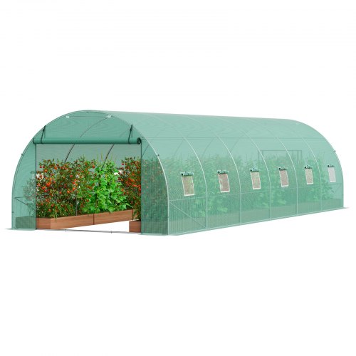 Walk-in Tunnel Greenhouse, 29.2x9.7x6.5 ft Hoop House Greenhouse Tunnel, Plant Hot House with Galvanized Steel Frame, Green PE Cover, Roll-up Zipper Door and 12 Windows for Outdoor