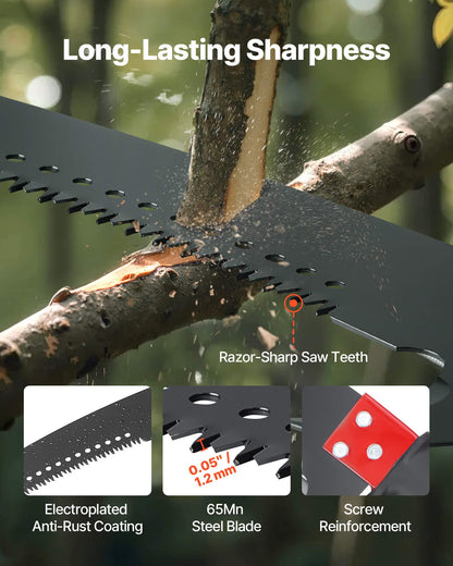 Manuell stångsåg, 118-809,3 cm utdragbar trädsekatör, vasst 65Mn stålblad, lätt stång med glasfiberhandtag, dubbelkroksåg för trimning av höga grenar, beskärningsverktyg för palmer, buskar