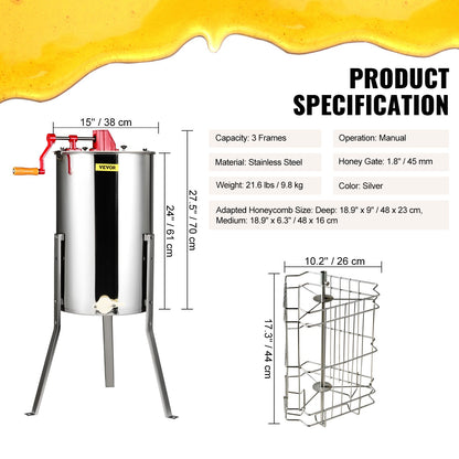 Manuell honungsutdragare, honungsspinnare med 3 ramar, biodlingsutdragare i rostfritt stål, honungstrumspinnare med lock, bigårdscentrifug med höjdjusterbart stativ