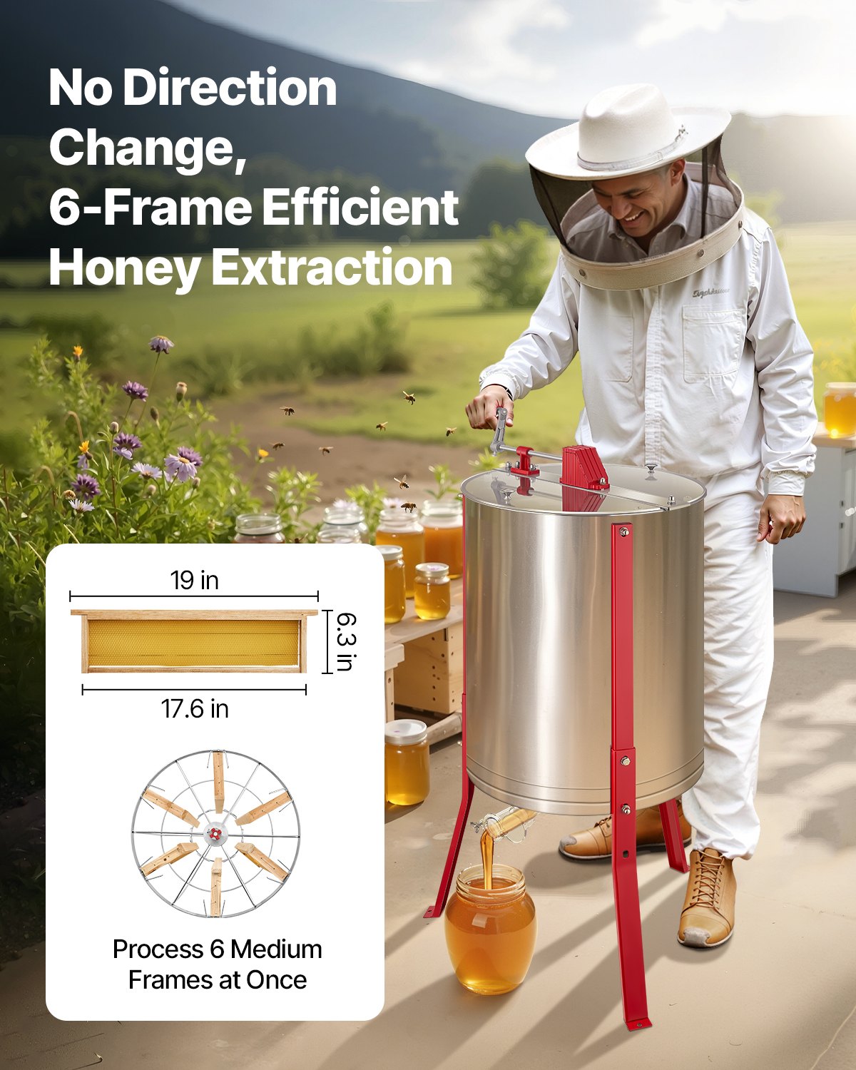Honey Extractor, 6 Frame Manual Honey Spinner with Transparent Lid, Stainless Steel Honeycomb Drum Spinner with Height Adjustable Stand, Honeycomb Extraction Centrifuge Equipment for Beekeeping