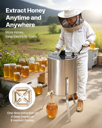 Honungsextraktor, 4/8-rams manuell honungsspinner med transparent lock, rostfri honungskaketrumspinner med höjdjusterbart stativ, honungskakeextraktionsutrustning för biodling