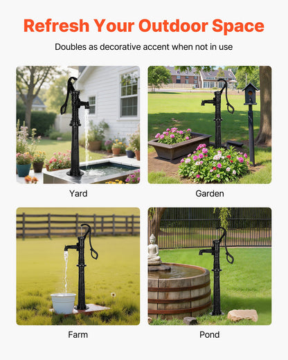 Brunnshandpump, 6 meter maxlyft, manuell handvattenpump i antik gjutjärn med höjningsbas, NPT 3,5 mm anslutning, enkel installation, för utomhusträdgård, damm, gård, gård, svart