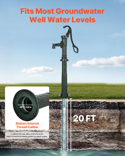 Brunnshandpump, 6 meter maxlyft, manuell handvattenpump i antik gjutjärn med höjningsbas, NPT 3,5 mm anslutning, enkel installation, för utomhusträdgård, damm, gård, gård, grönområden